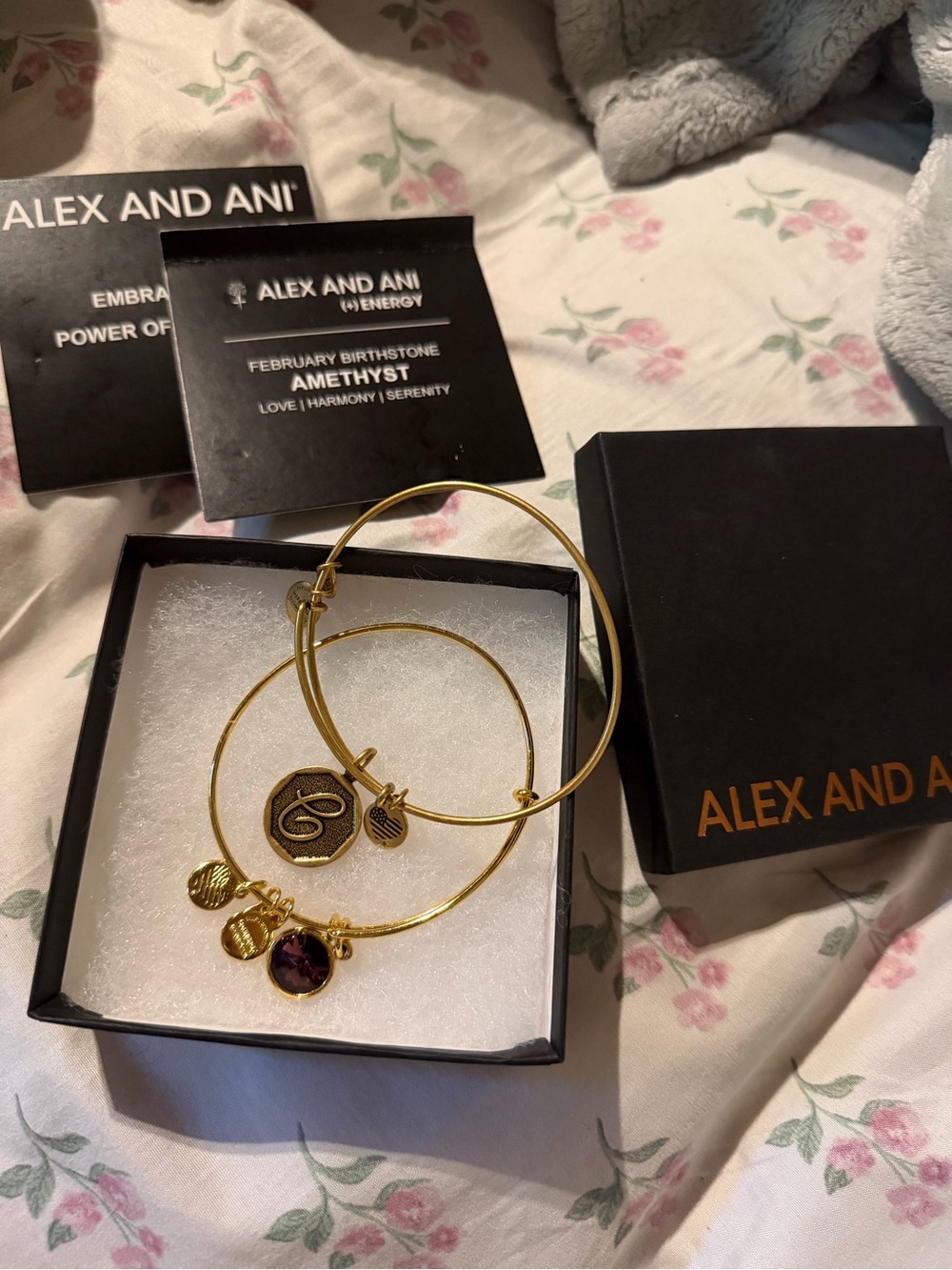 Alex and Ani Gold Tone C Initial and Amethyst Birthstone Bangle Set